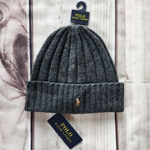 NWT Polo Ralph Lauren Beanie Wool Blend Rib Knit Cuff Pony Logo Dark Grey Unisex